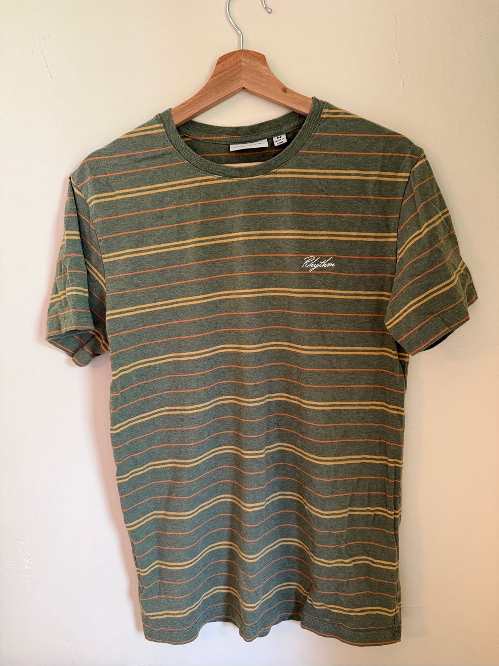 Rhythm. Olive Green Striped Crew Neck Tee with Yellow & Rust Lines